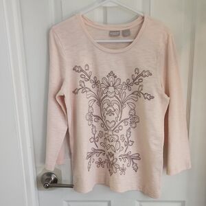 Chico's Light Pink Embroidered 3/4 Sleeve Top